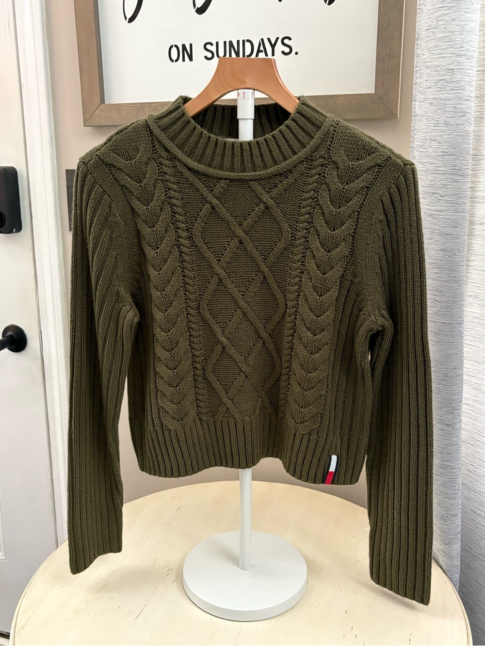 Tommy Hilfiger Olive Cable-Knit Crop Small S Crewneck Y2K Vintage Sweater #s15